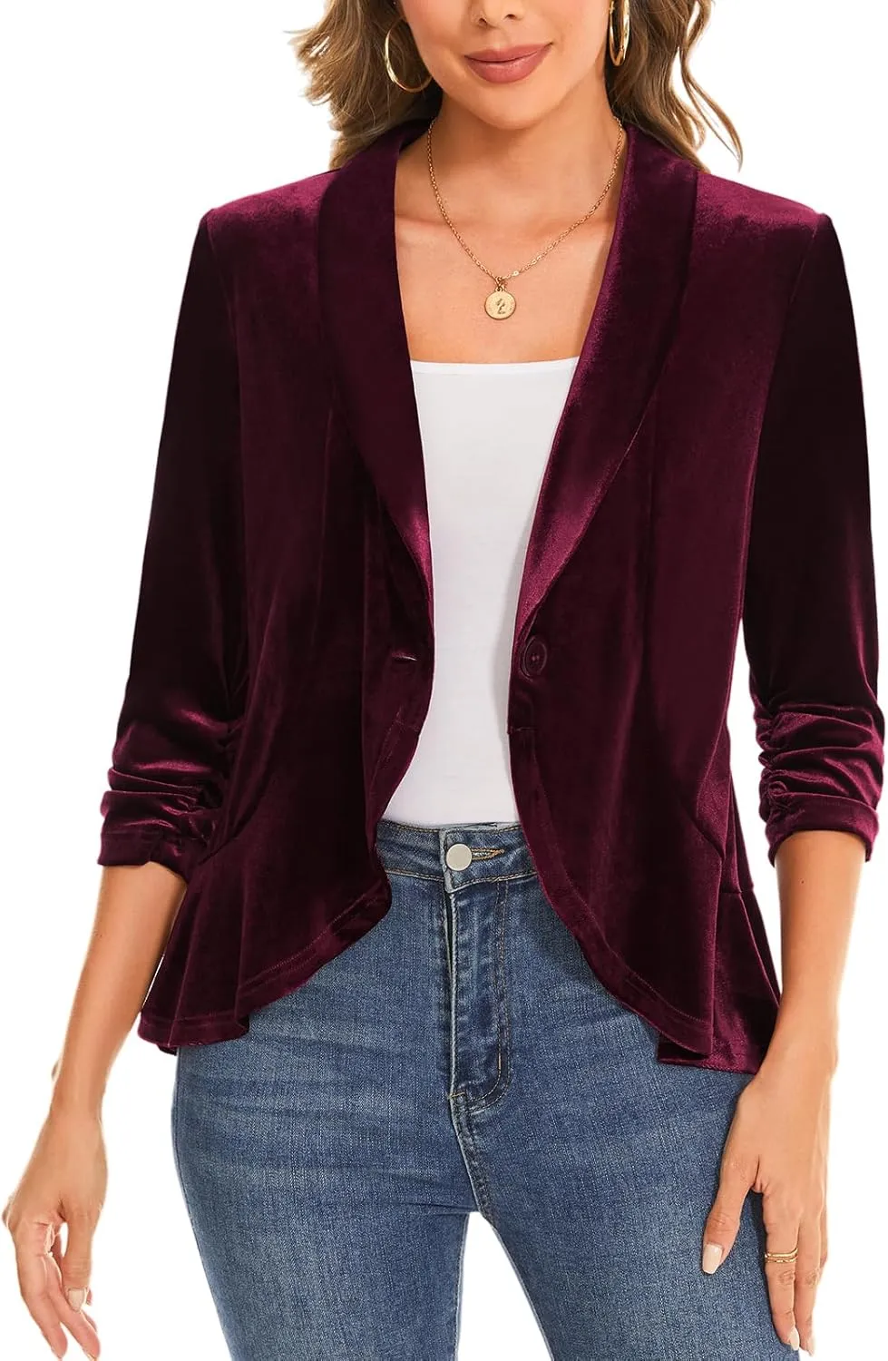 MINTLIMIT Women's Velvet Blazer Ruched 3/4 Sleeve Shawl Lapel Button Front Ruffle Tailored Cardigan Suit Jacket Blazer