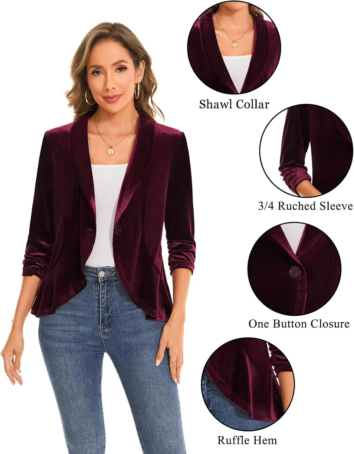 MINTLIMIT Women's Velvet Blazer Ruched 3/4 Sleeve Shawl Lapel Button Front Ruffle Tailored Cardigan Suit Jacket Blazer