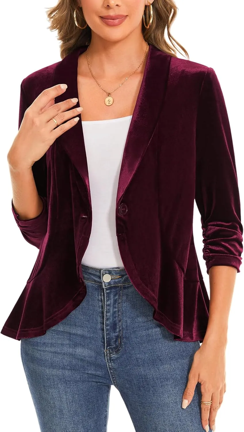 MINTLIMIT Women's Velvet Blazer Ruched 3/4 Sleeve Shawl Lapel Button Front Ruffle Tailored Cardigan Suit Jacket Blazer