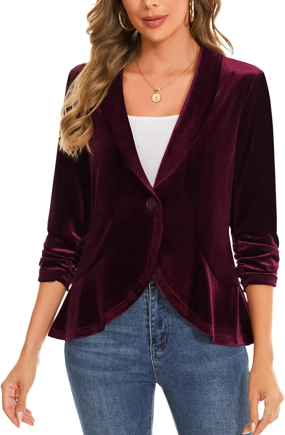 MINTLIMIT Women's Velvet Blazer Ruched 3/4 Sleeve Shawl Lapel Button Front Ruffle Tailored Cardigan Suit Jacket Blazer