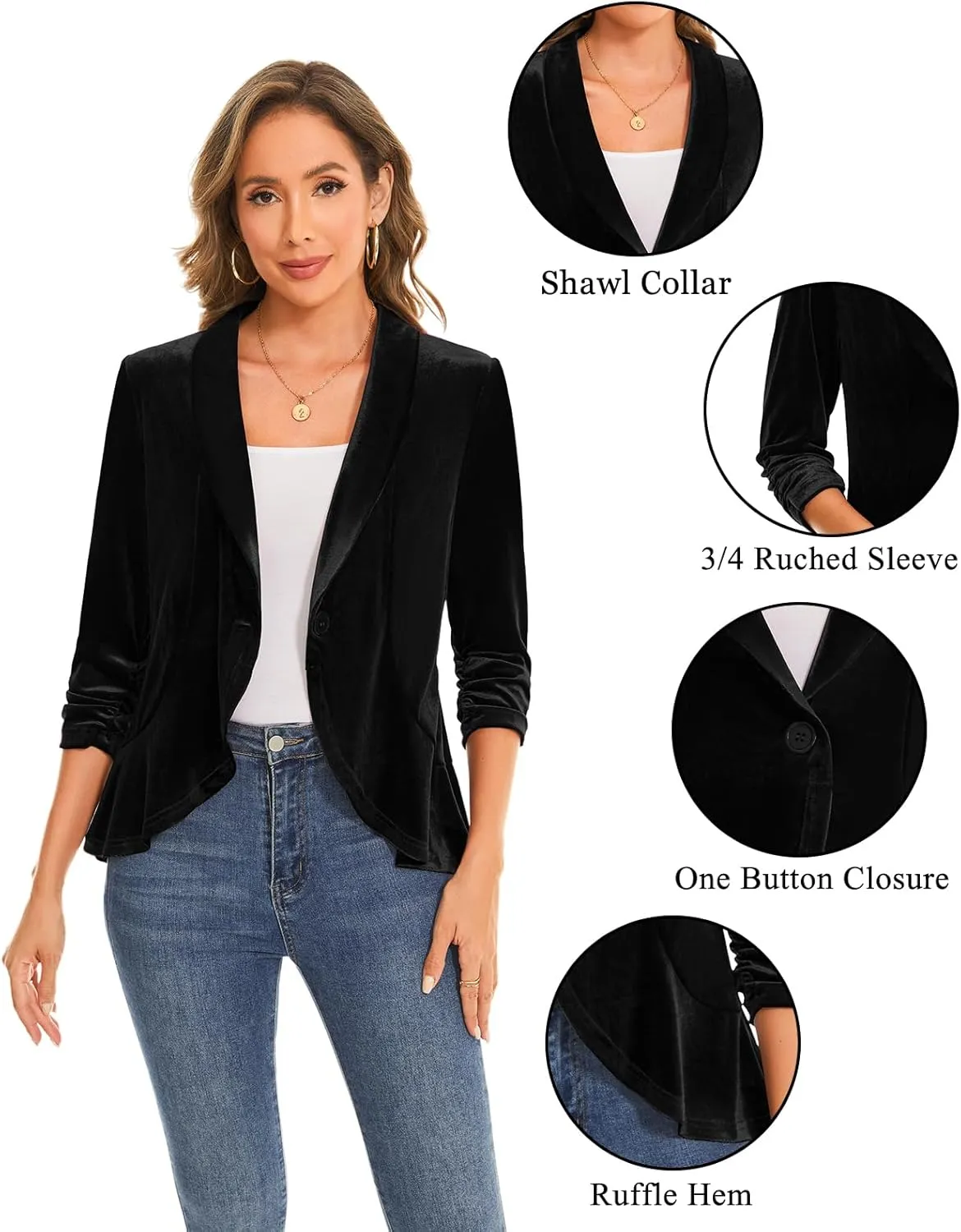MINTLIMIT Women's Velvet Blazer Ruched 3/4 Sleeve Shawl Lapel Button Front Ruffle Tailored Cardigan Suit Jacket Blazer