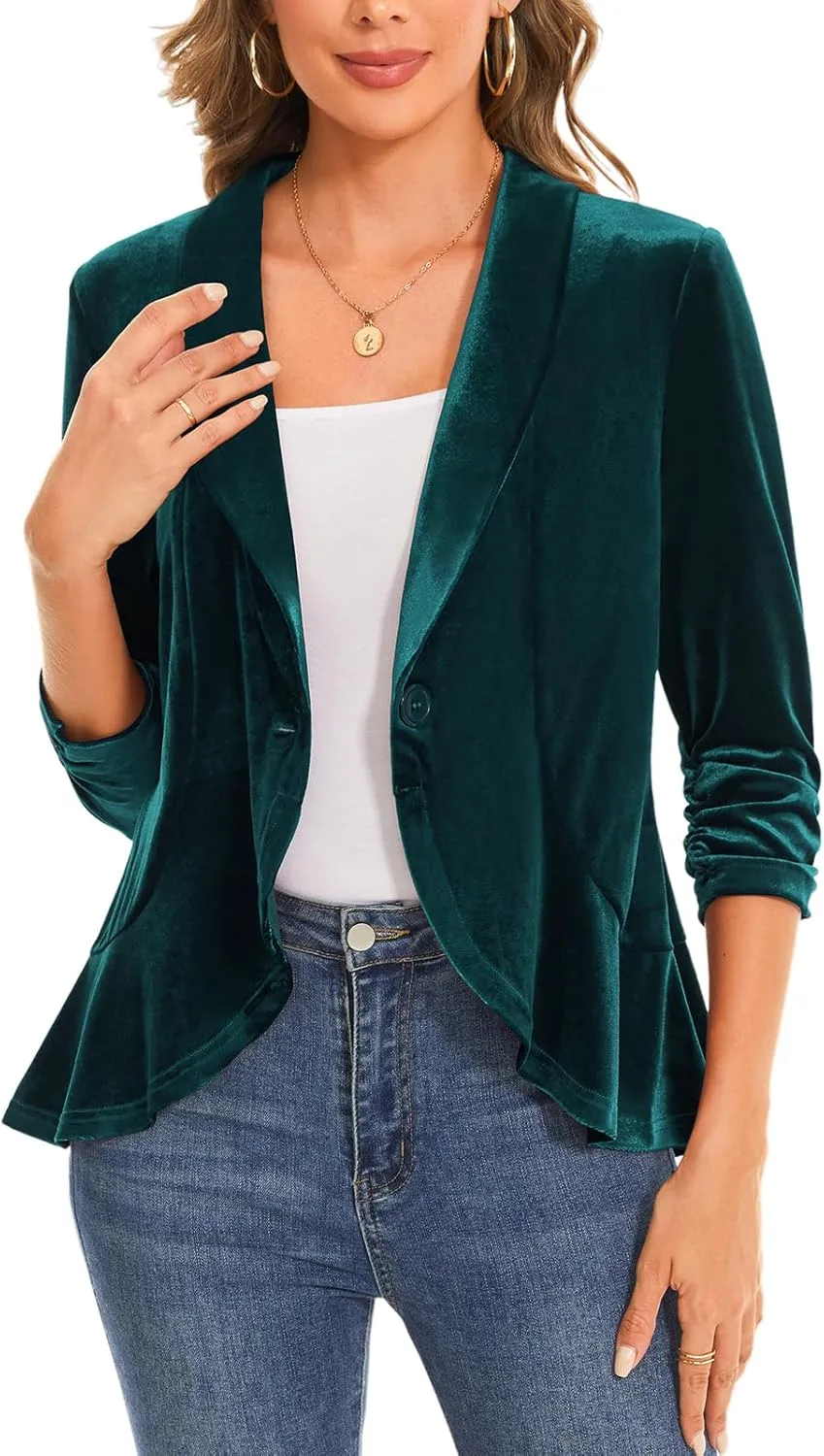 MINTLIMIT Women's Velvet Blazer Ruched 3/4 Sleeve Shawl Lapel Button Front Ruffle Tailored Cardigan Suit Jacket Blazer