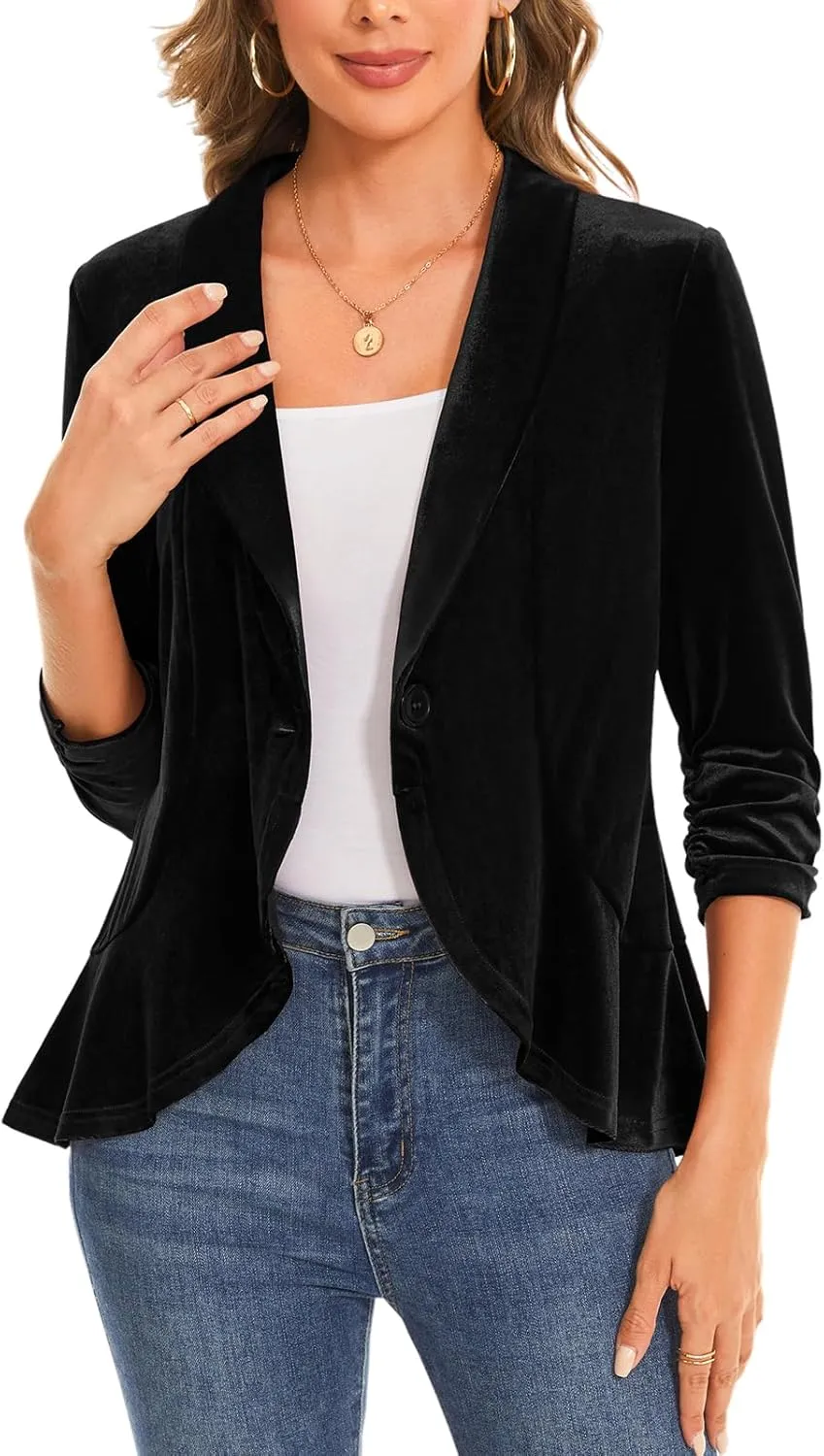 MINTLIMIT Women's Velvet Blazer Ruched 3/4 Sleeve Shawl Lapel Button Front Ruffle Tailored Cardigan Suit Jacket Blazer
