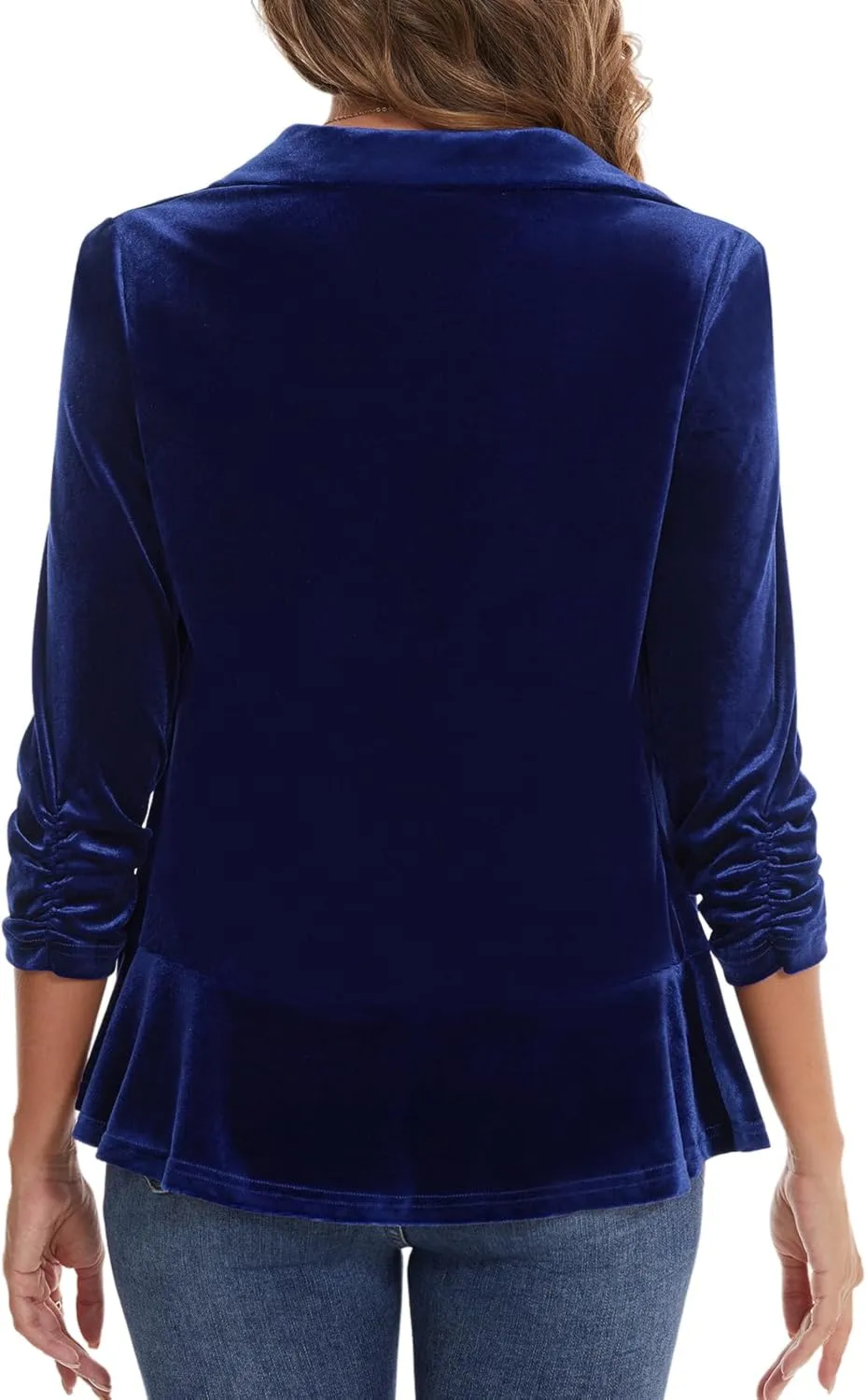 MINTLIMIT Women's Velvet Blazer Ruched 3/4 Sleeve Shawl Lapel Button Front Ruffle Tailored Cardigan Suit Jacket Blazer