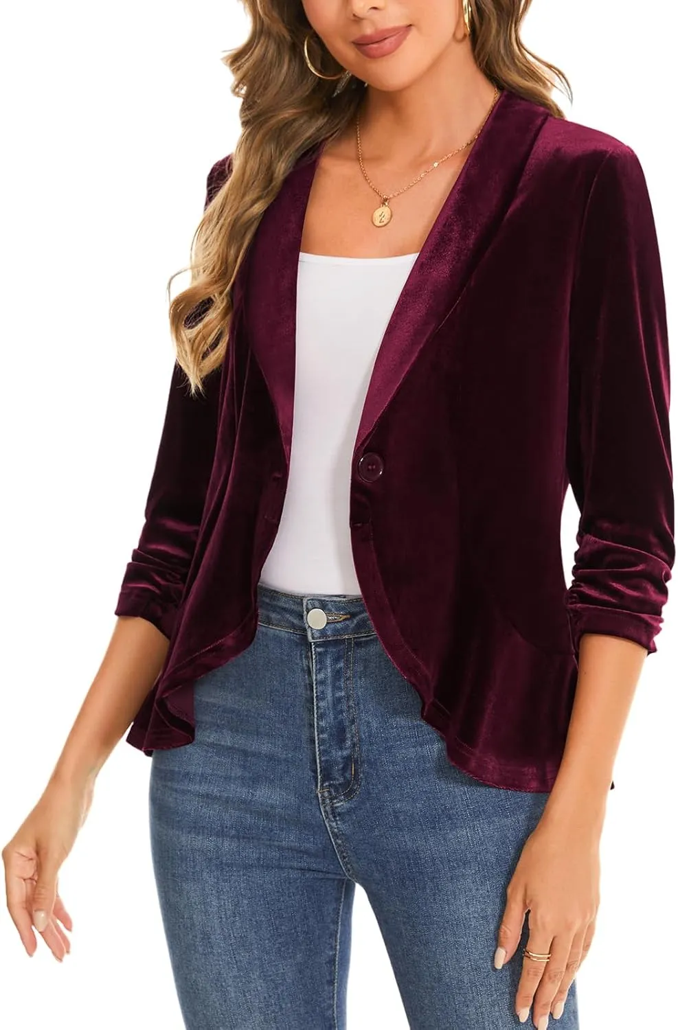 MINTLIMIT Women's Velvet Blazer Ruched 3/4 Sleeve Shawl Lapel Button Front Ruffle Tailored Cardigan Suit Jacket Blazer