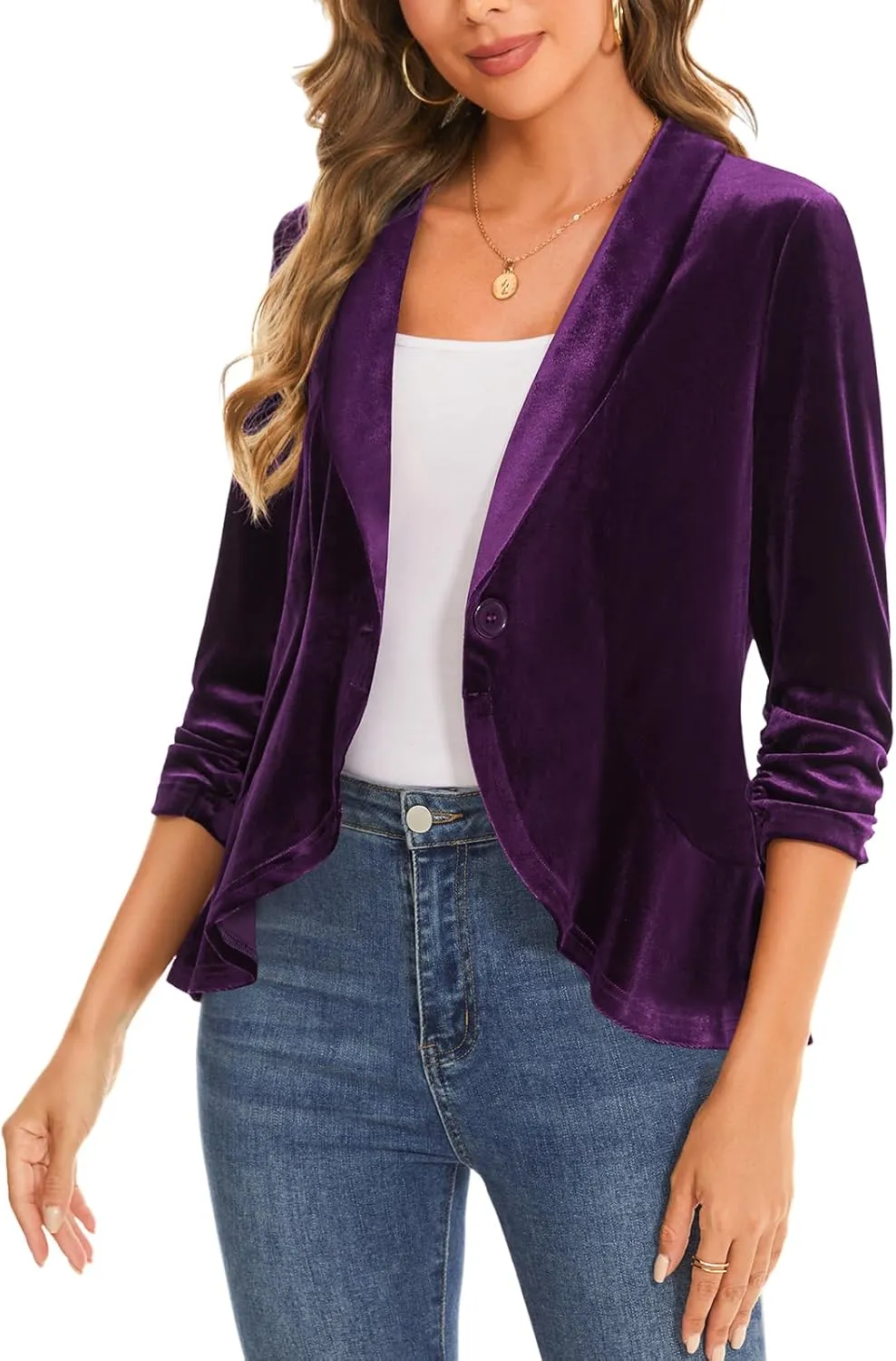 MINTLIMIT Women's Velvet Blazer Ruched 3/4 Sleeve Shawl Lapel Button Front Ruffle Tailored Cardigan Suit Jacket Blazer