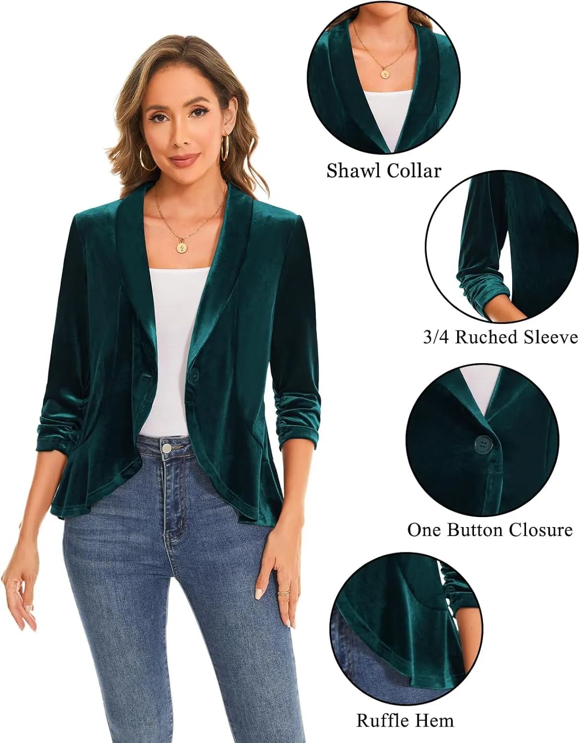 MINTLIMIT Women's Velvet Blazer Ruched 3/4 Sleeve Shawl Lapel Button Front Ruffle Tailored Cardigan Suit Jacket Blazer