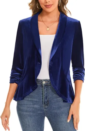 MINTLIMIT Women's Velvet Blazer Ruched 3/4 Sleeve Shawl Lapel Button Front Ruffle Tailored Cardigan Suit Jacket Blazer