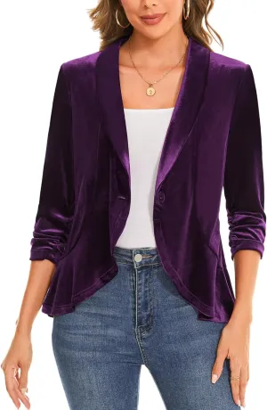 MINTLIMIT Women's Velvet Blazer Ruched 3/4 Sleeve Shawl Lapel Button Front Ruffle Tailored Cardigan Suit Jacket Blazer