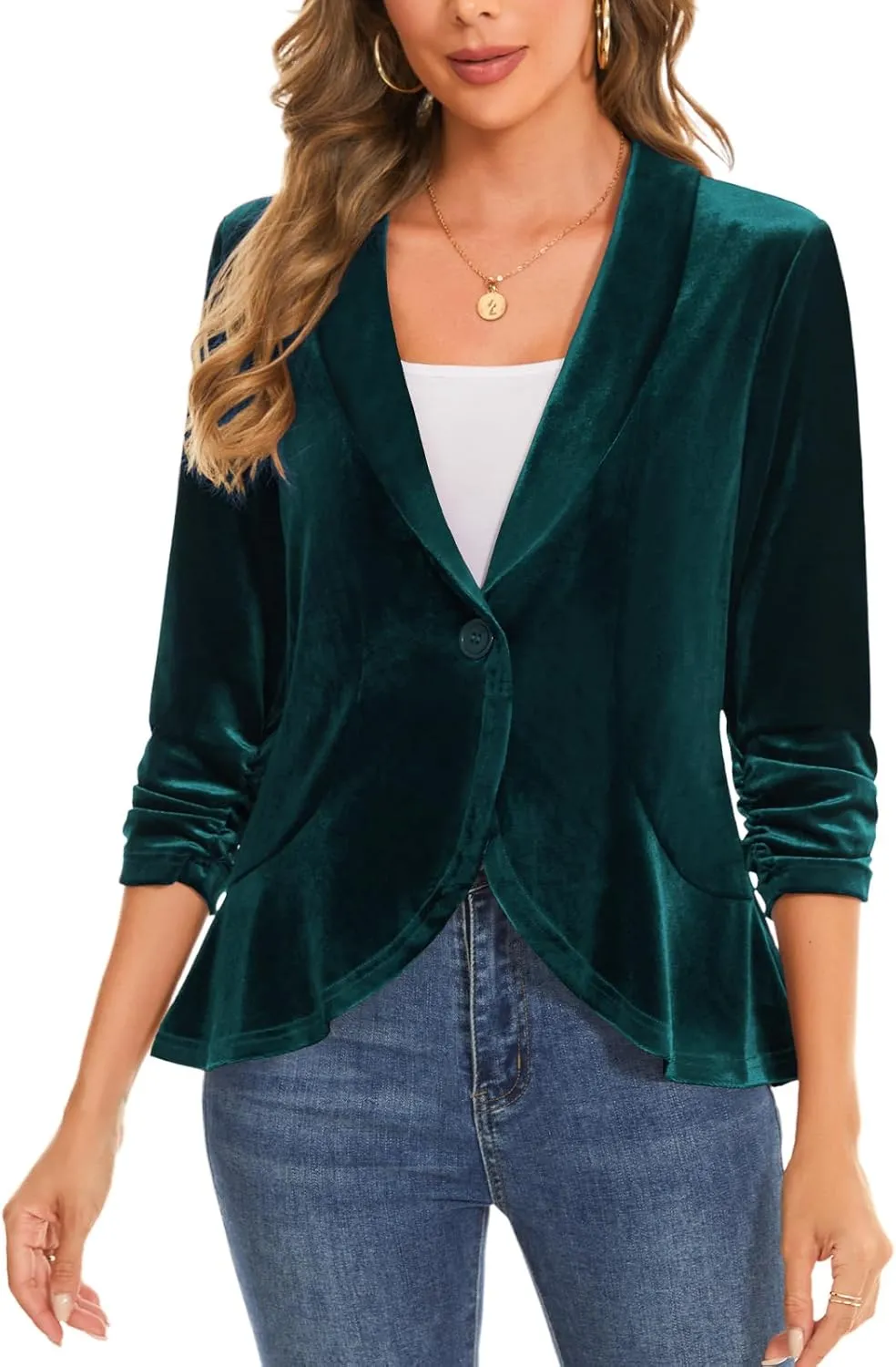 MINTLIMIT Women's Velvet Blazer Ruched 3/4 Sleeve Shawl Lapel Button Front Ruffle Tailored Cardigan Suit Jacket Blazer