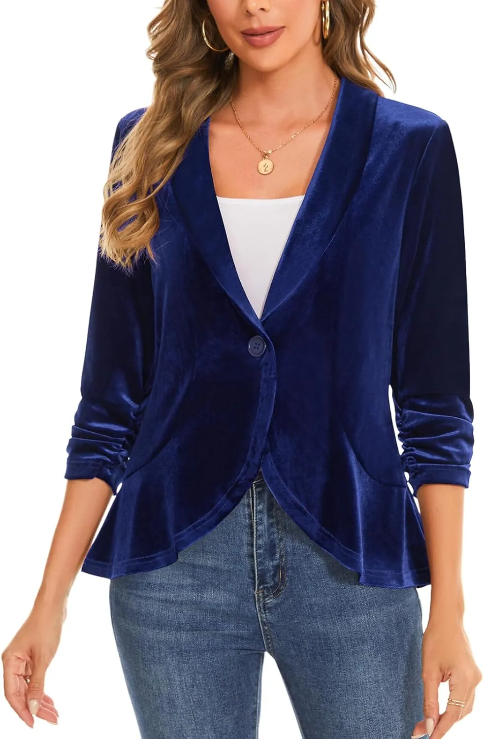 MINTLIMIT Women's Velvet Blazer Ruched 3/4 Sleeve Shawl Lapel Button Front Ruffle Tailored Cardigan Suit Jacket Blazer