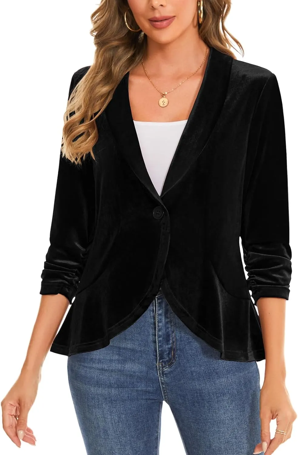 MINTLIMIT Women's Velvet Blazer Ruched 3/4 Sleeve Shawl Lapel Button Front Ruffle Tailored Cardigan Suit Jacket Blazer