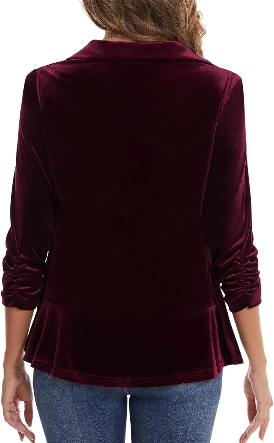 MINTLIMIT Women's Velvet Blazer Ruched 3/4 Sleeve Shawl Lapel Button Front Ruffle Tailored Cardigan Suit Jacket Blazer