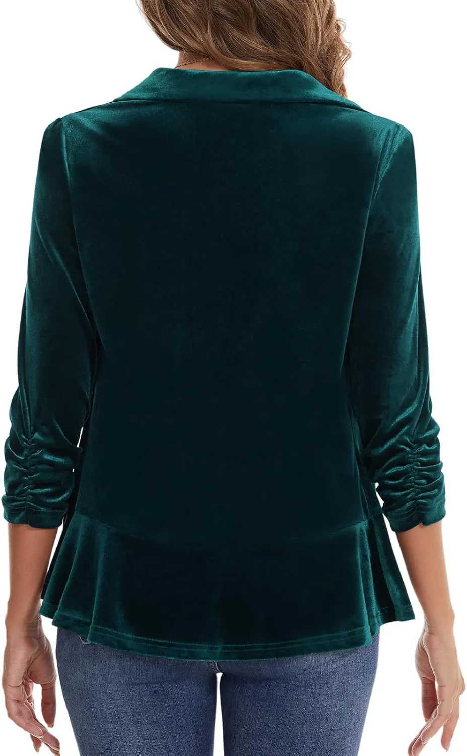 MINTLIMIT Women's Velvet Blazer Ruched 3/4 Sleeve Shawl Lapel Button Front Ruffle Tailored Cardigan Suit Jacket Blazer