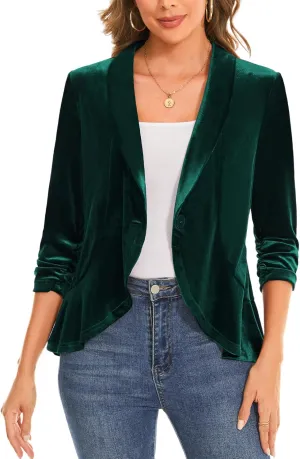 MINTLIMIT Women's Velvet Blazer Ruched 3/4 Sleeve Shawl Lapel Button Front Ruffle Tailored Cardigan Suit Jacket Blazer
