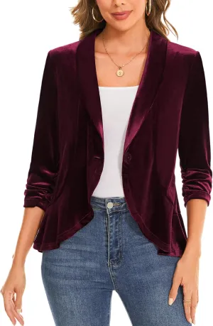 MINTLIMIT Women's Velvet Blazer Ruched 3/4 Sleeve Shawl Lapel Button Front Ruffle Tailored Cardigan Suit Jacket Blazer