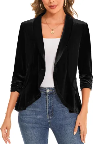 MINTLIMIT Women's Velvet Blazer Ruched 3/4 Sleeve Shawl Lapel Button Front Ruffle Tailored Cardigan Suit Jacket Blazer