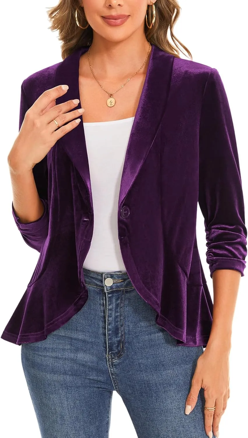 MINTLIMIT Women's Velvet Blazer Ruched 3/4 Sleeve Shawl Lapel Button Front Ruffle Tailored Cardigan Suit Jacket Blazer