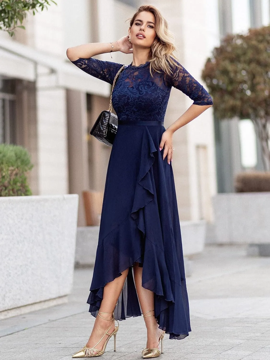 Miusol Women's Elegant Floral Lace Ruffle Bridesmaid Maxi Dress