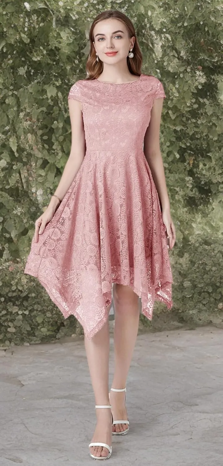 MllesReve Elegant Women Floral Lace Formal Party Dress Asymmetrical Handkerchief Dress Swing Midi Dress
