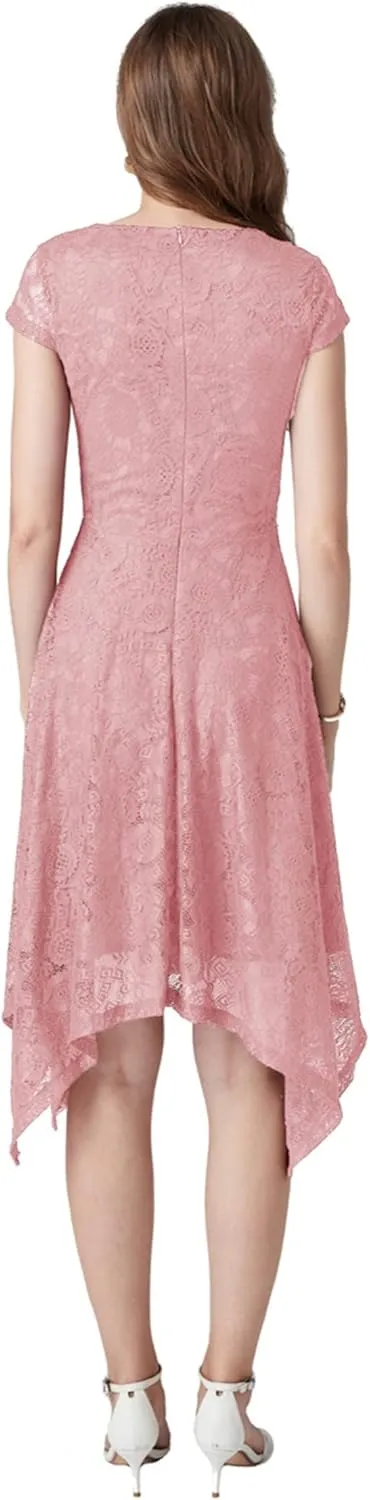 MllesReve Elegant Women Floral Lace Formal Party Dress Asymmetrical Handkerchief Dress Swing Midi Dress