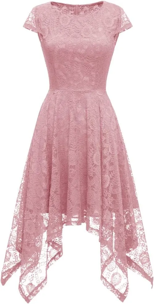 MllesReve Elegant Women Floral Lace Formal Party Dress Asymmetrical Handkerchief Dress Swing Midi Dress