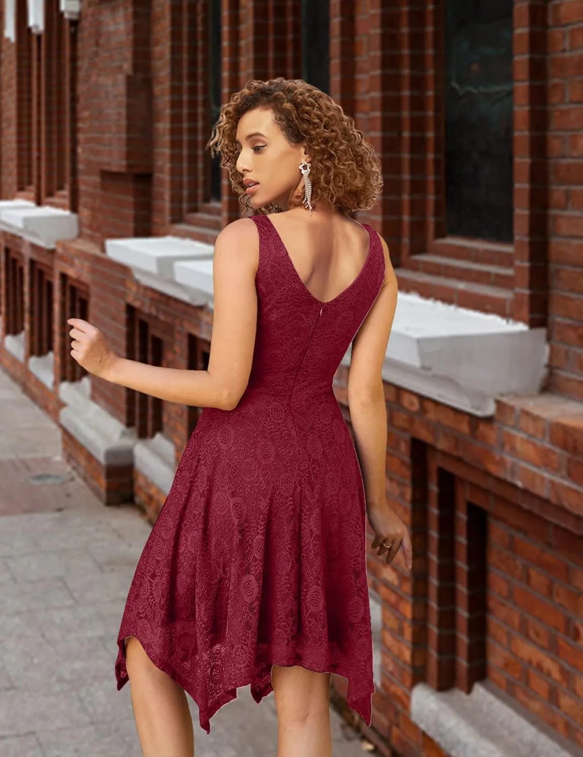 MllesReve Elegant Women Floral Lace Formal Party Dress Asymmetrical Handkerchief Dress Swing Midi Dress