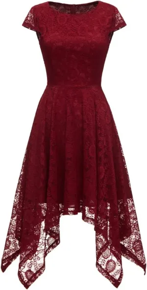 MllesReve Elegant Women Floral Lace Formal Party Dress Asymmetrical Handkerchief Dress Swing Midi Dress