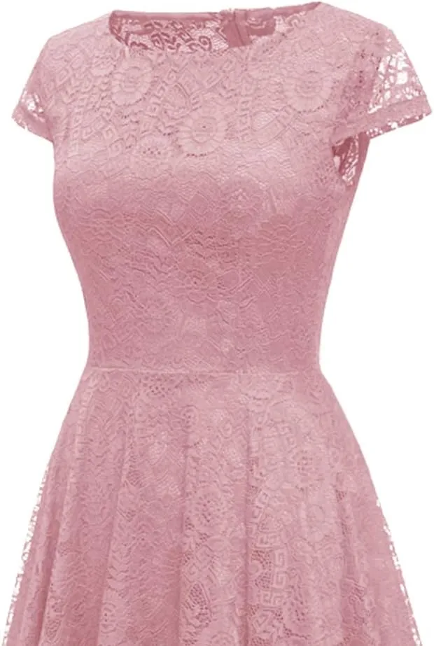MllesReve Elegant Women Floral Lace Formal Party Dress Asymmetrical Handkerchief Dress Swing Midi Dress