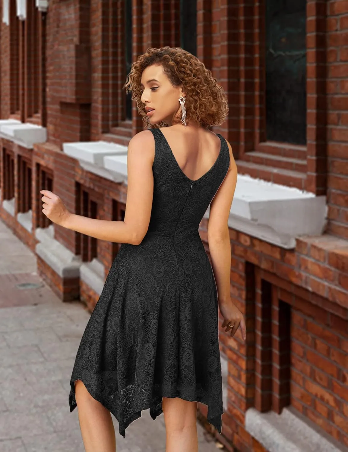 MllesReve Elegant Women Floral Lace Formal Party Dress Asymmetrical Handkerchief Dress Swing Midi Dress