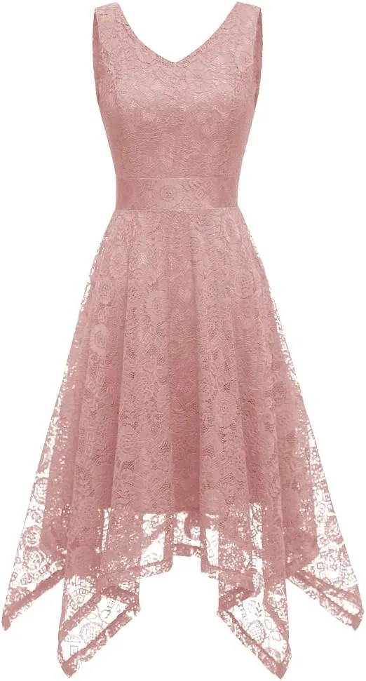MllesReve Elegant Women Floral Lace Formal Party Dress Asymmetrical Handkerchief Dress Swing Midi Dress