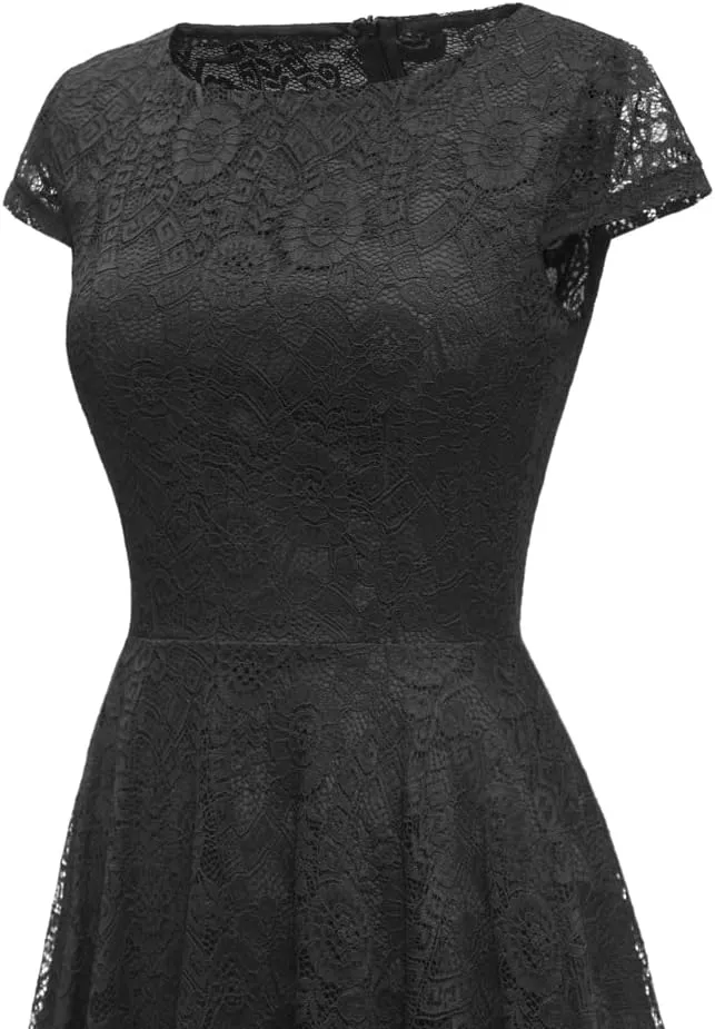 MllesReve Elegant Women Floral Lace Formal Party Dress Asymmetrical Handkerchief Dress Swing Midi Dress