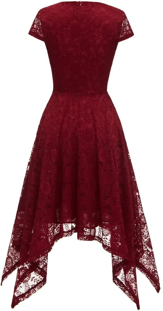 MllesReve Elegant Women Floral Lace Formal Party Dress Asymmetrical Handkerchief Dress Swing Midi Dress