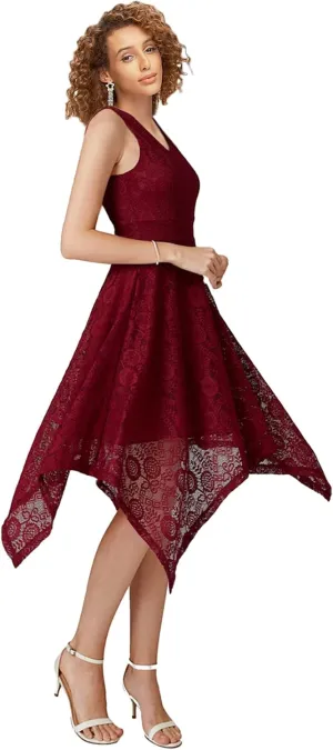 MllesReve Elegant Women Floral Lace Formal Party Dress Asymmetrical Handkerchief Dress Swing Midi Dress