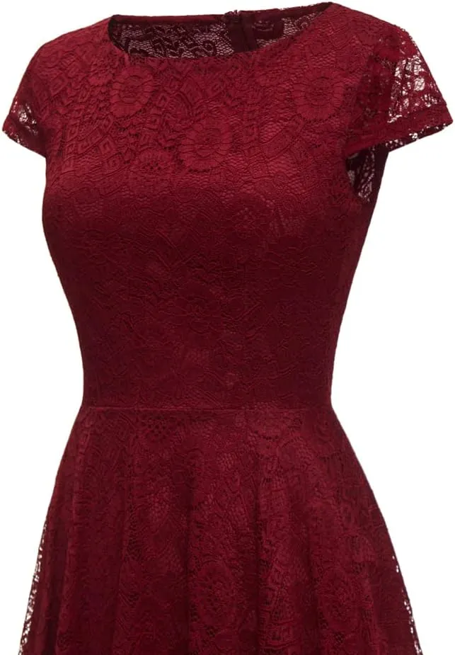 MllesReve Elegant Women Floral Lace Formal Party Dress Asymmetrical Handkerchief Dress Swing Midi Dress