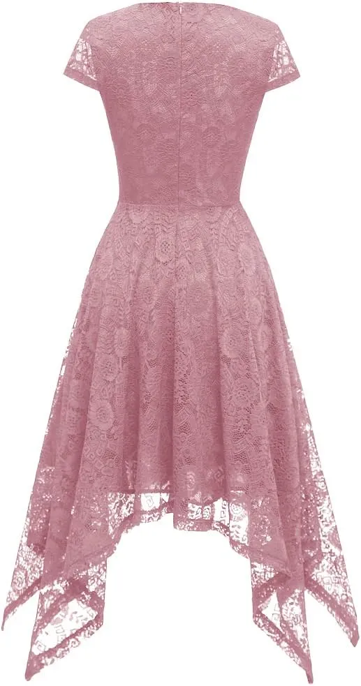 MllesReve Elegant Women Floral Lace Formal Party Dress Asymmetrical Handkerchief Dress Swing Midi Dress