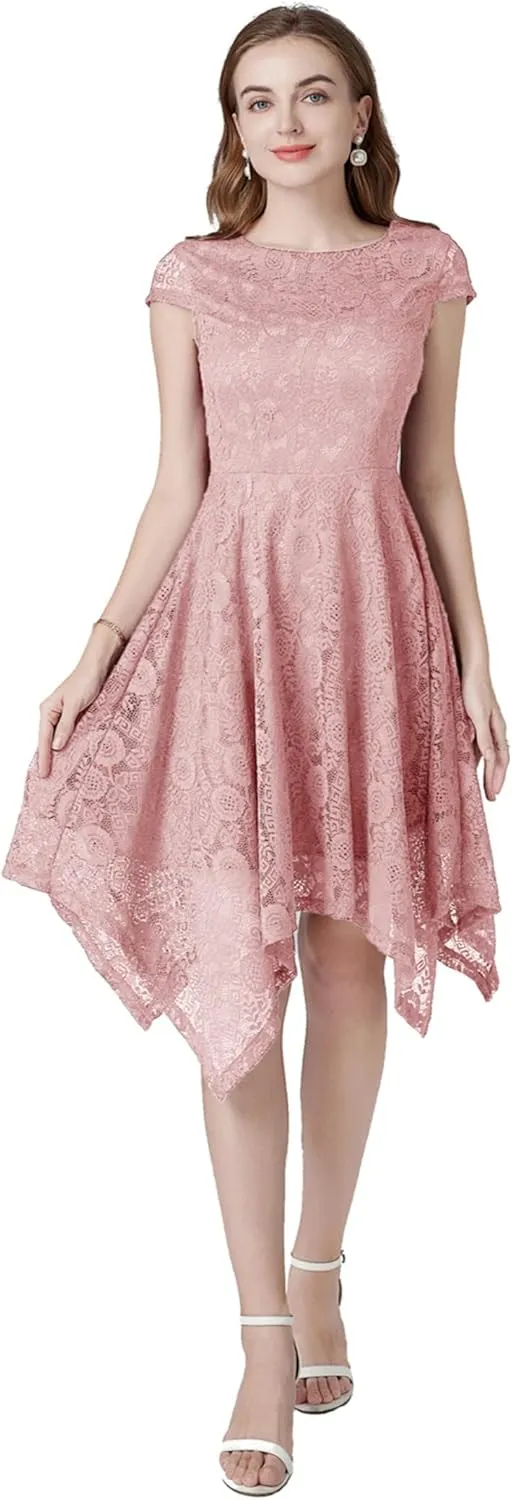 MllesReve Elegant Women Floral Lace Formal Party Dress Asymmetrical Handkerchief Dress Swing Midi Dress