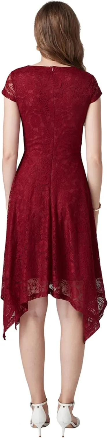 MllesReve Elegant Women Floral Lace Formal Party Dress Asymmetrical Handkerchief Dress Swing Midi Dress