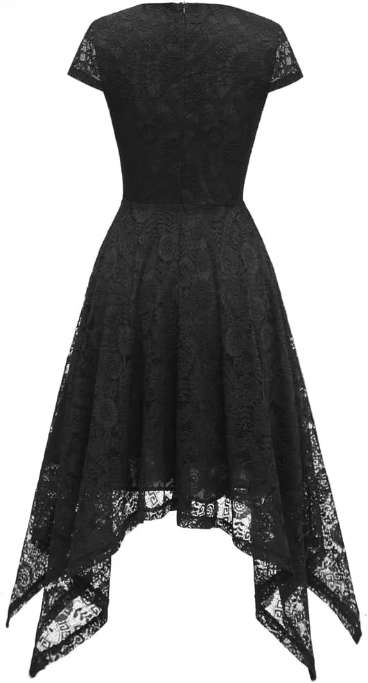 MllesReve Elegant Women Floral Lace Formal Party Dress Asymmetrical Handkerchief Dress Swing Midi Dress