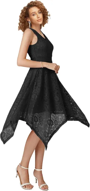 MllesReve Elegant Women Floral Lace Formal Party Dress Asymmetrical Handkerchief Dress Swing Midi Dress