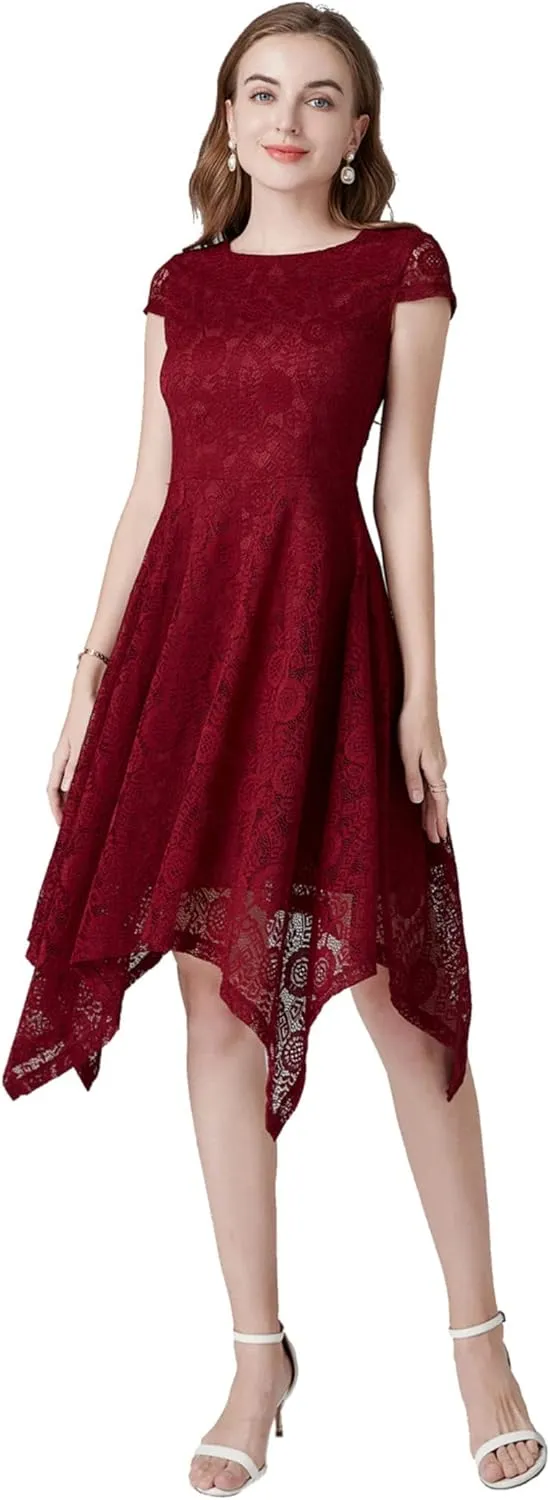MllesReve Elegant Women Floral Lace Formal Party Dress Asymmetrical Handkerchief Dress Swing Midi Dress