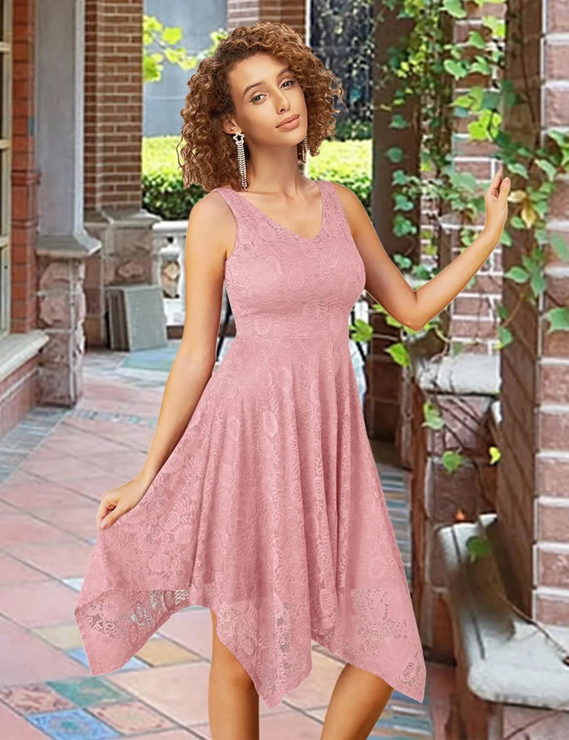 MllesReve Elegant Women Floral Lace Formal Party Dress Asymmetrical Handkerchief Dress Swing Midi Dress