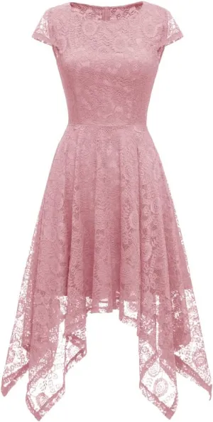 MllesReve Elegant Women Floral Lace Formal Party Dress Asymmetrical Handkerchief Dress Swing Midi Dress