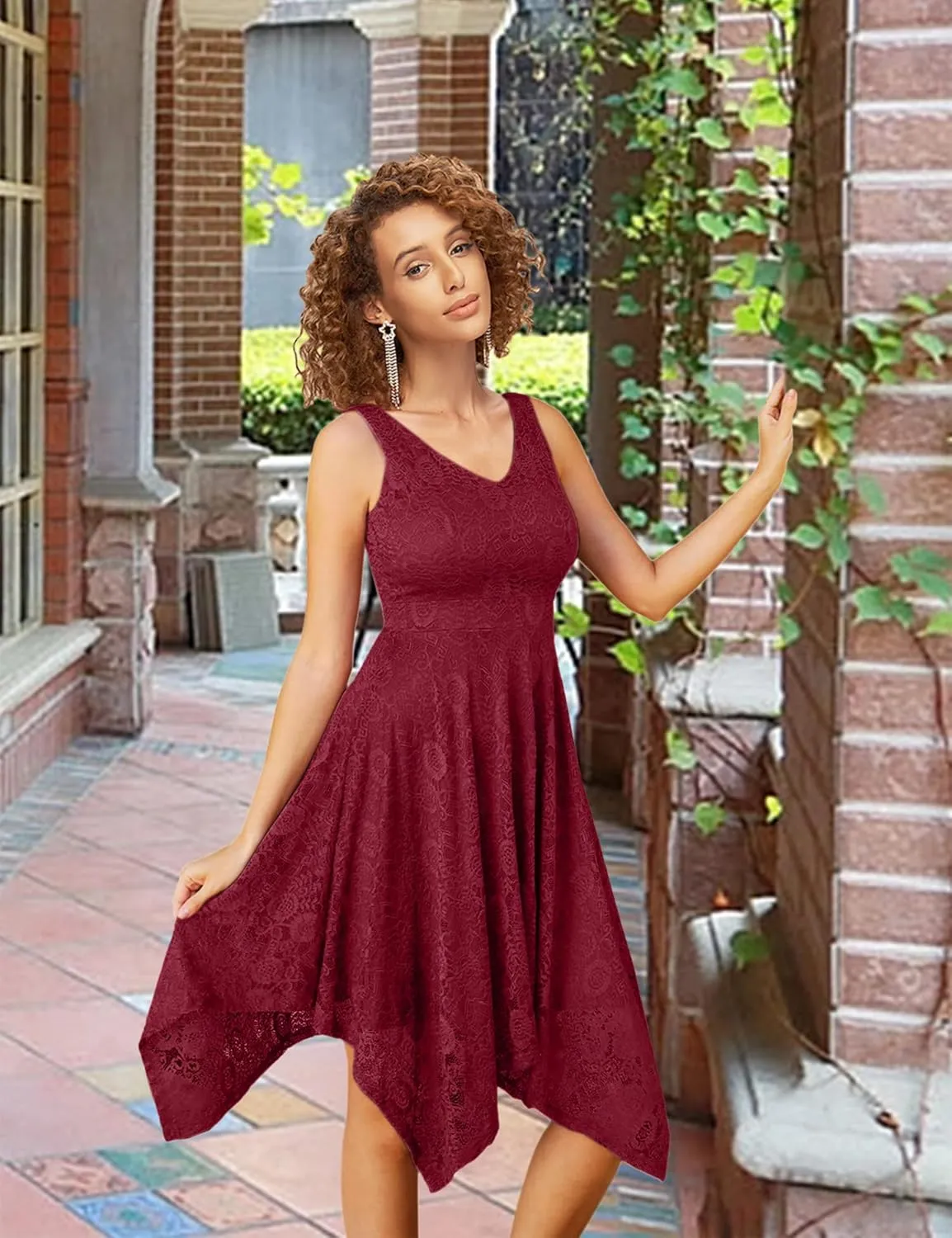 MllesReve Elegant Women Floral Lace Formal Party Dress Asymmetrical Handkerchief Dress Swing Midi Dress