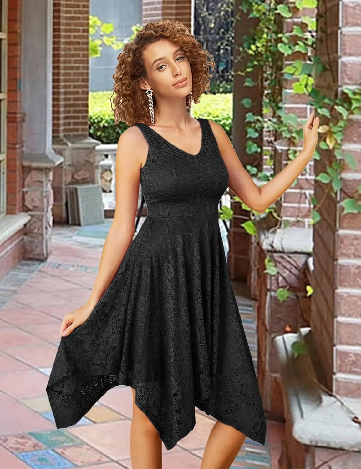 MllesReve Elegant Women Floral Lace Formal Party Dress Asymmetrical Handkerchief Dress Swing Midi Dress