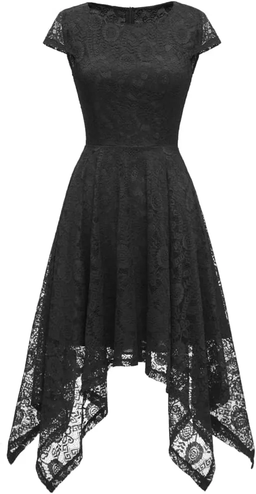 MllesReve Elegant Women Floral Lace Formal Party Dress Asymmetrical Handkerchief Dress Swing Midi Dress
