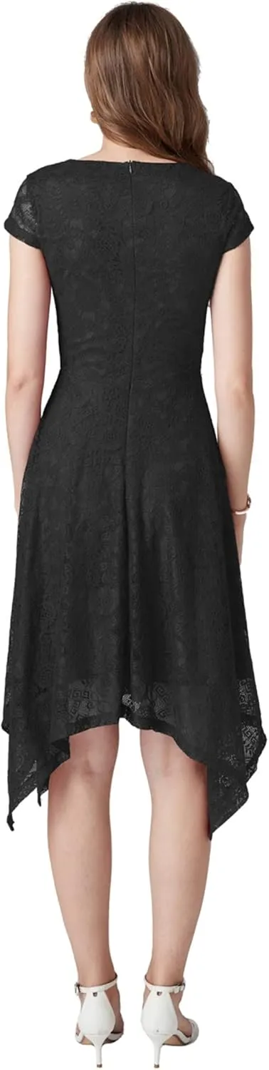 MllesReve Elegant Women Floral Lace Formal Party Dress Asymmetrical Handkerchief Dress Swing Midi Dress
