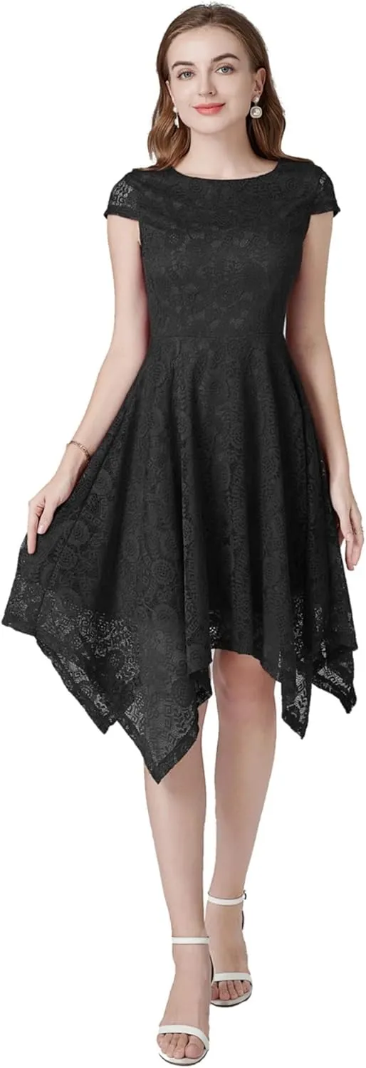 MllesReve Elegant Women Floral Lace Formal Party Dress Asymmetrical Handkerchief Dress Swing Midi Dress