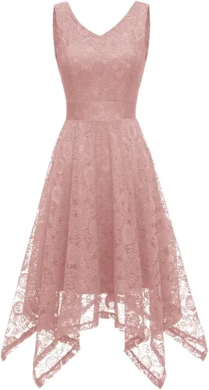 MllesReve Elegant Women Floral Lace Formal Party Dress Asymmetrical Handkerchief Dress Swing Midi Dress