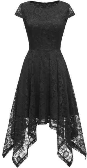 MllesReve Elegant Women Floral Lace Formal Party Dress Asymmetrical Handkerchief Dress Swing Midi Dress